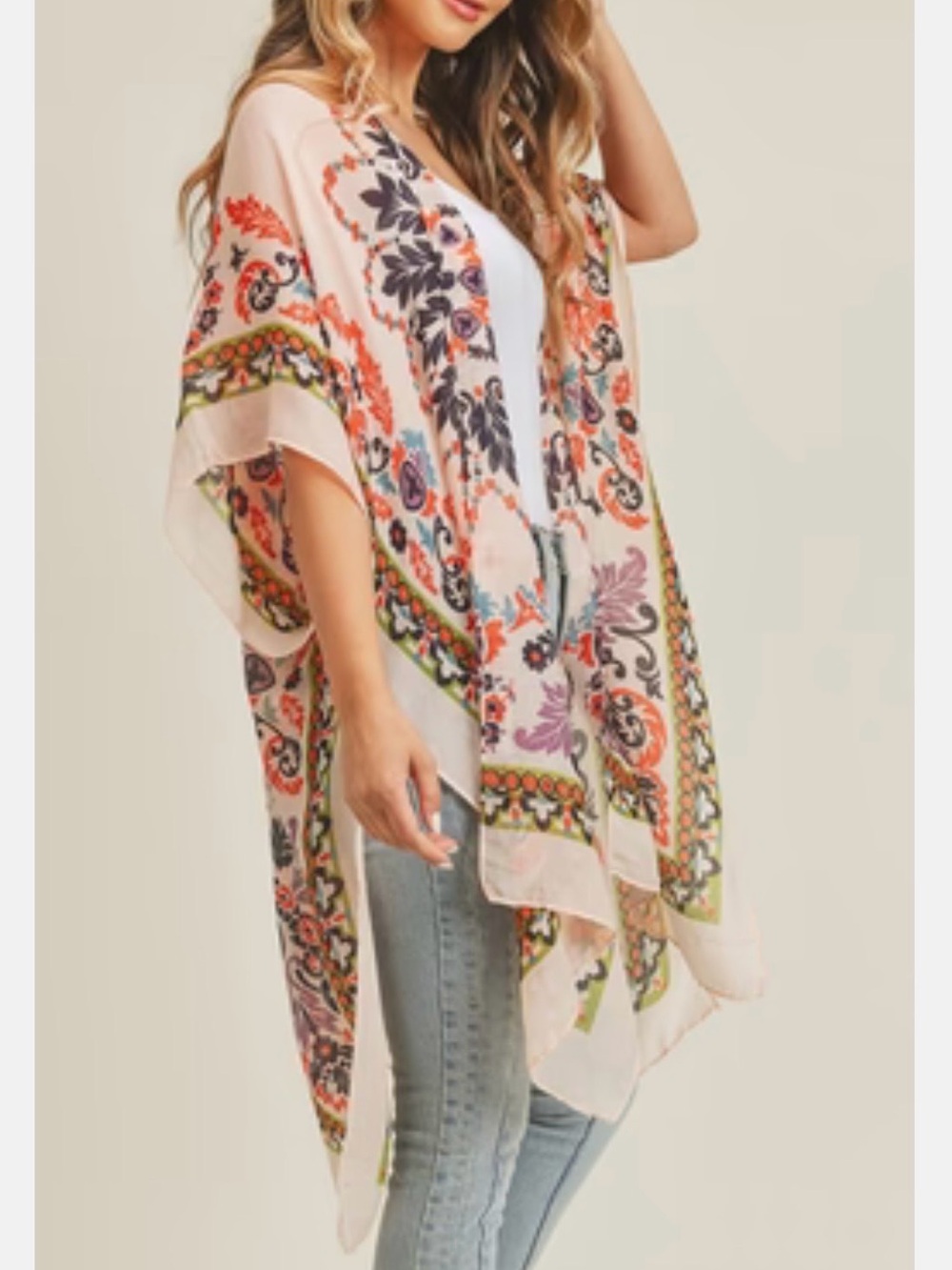 Light Pink Print Sheer Kimono Cover-Up one size